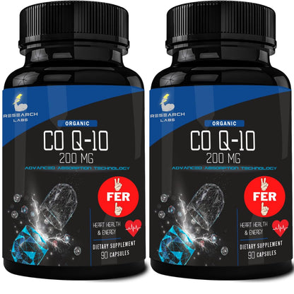 Research Labs 180 Softgels Advanced Absorption 200mg CoQ10 w/Black Pepper Extract. 2 for 1 Ad. Organic, Gluten Free, Heart Health Support, Energy Production, Antioxidant Supplement