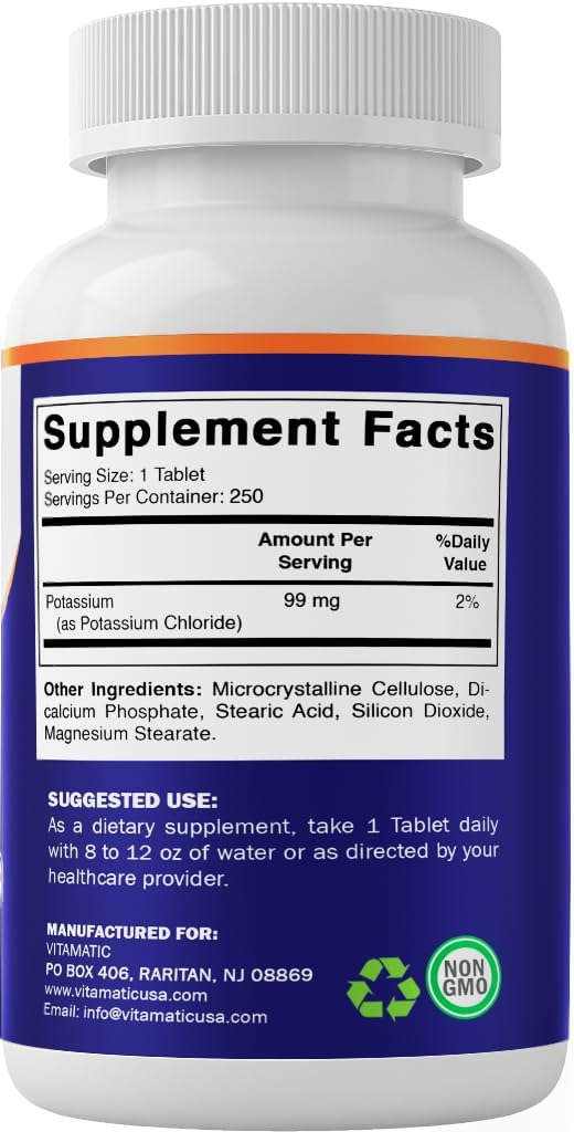 Vitamatic Potassium 99mg – 250 Tablets – Potassium Chloride for Muscle, Heart & Nerve Function – Electrolyte Support – Non-GMO, Gluten-Free