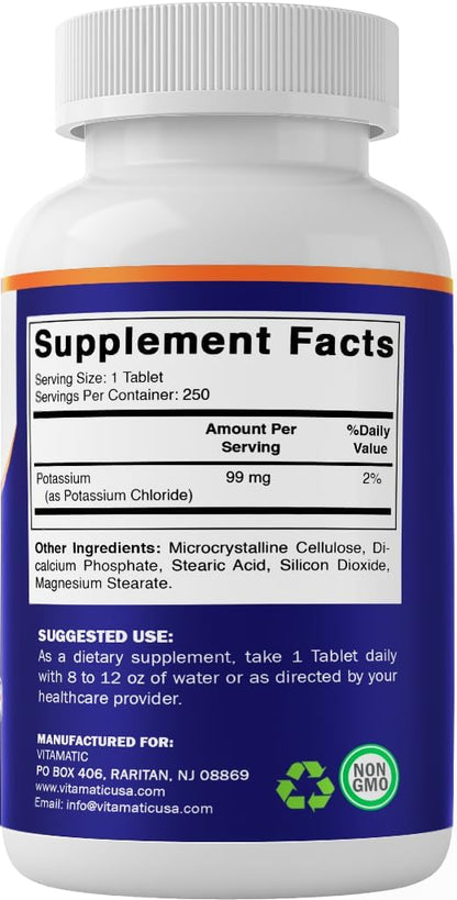 Vitamatic Potassium 99mg – 250 Tablets – Potassium Chloride for Muscle, Heart & Nerve Function – Electrolyte Support – Non-GMO, Gluten-Free