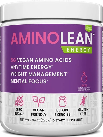 AminoLean Natural Pre Workout Powder & Amino Energy with Vegan BCAA + EAA | Jitter-Free Preworkout Energy from Green Tea + Amino Acids & Weight Management for Women & Men - Naturally Sweetened, Vegan