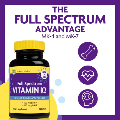 InnovixLabs Vitamin K2 & Probiotic Bundle Full Spectrum Vitamin K2 (90 Softgel Capsules) Multi-Strain Probiotic (60 Time-Release Capsules). Supports Bones, Immune and Healthy Gut. *