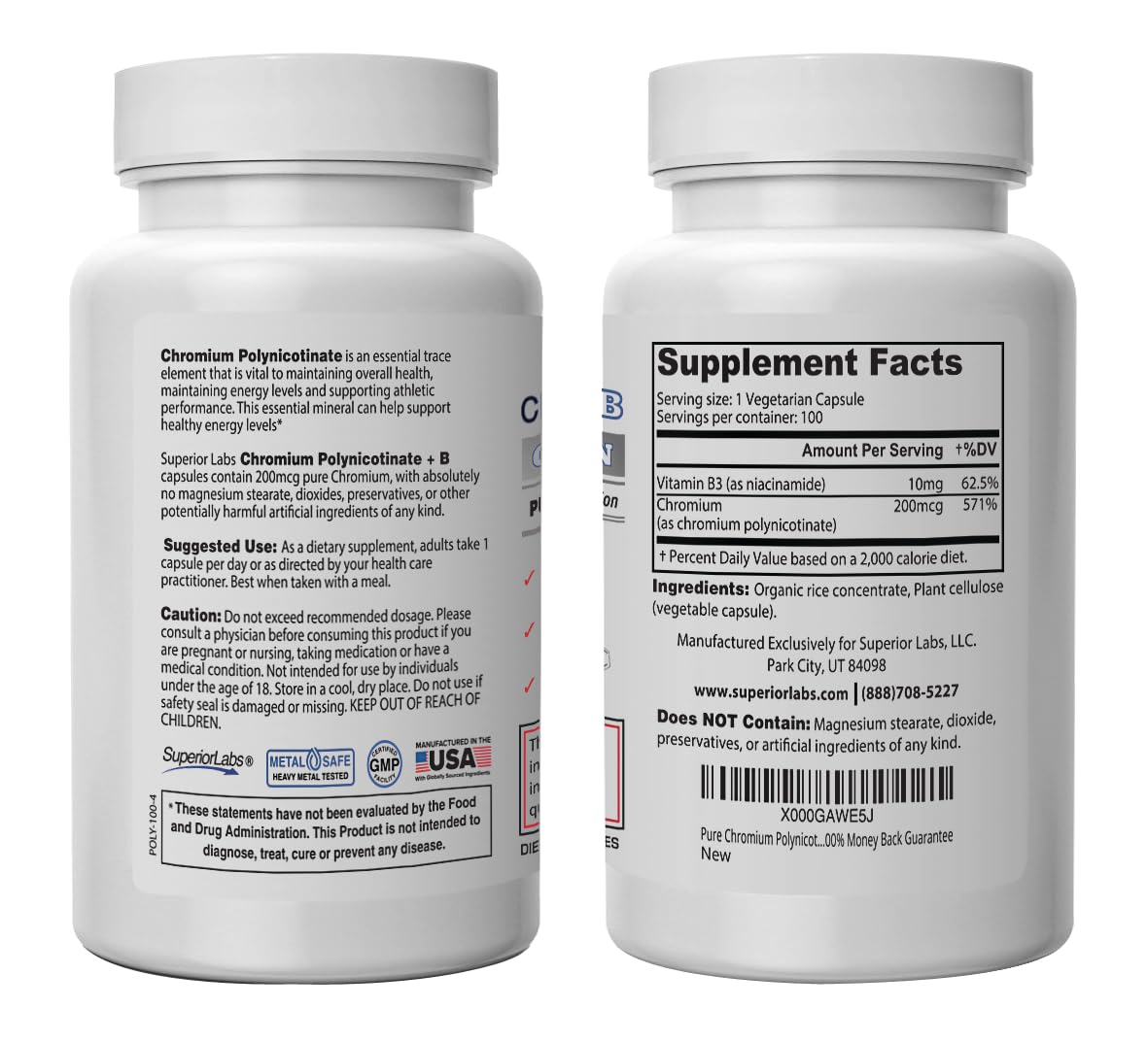 Pure Chromium Polynicotinate Supplement - Made in USA - 200mcg + Vitamin B3 for Optimal