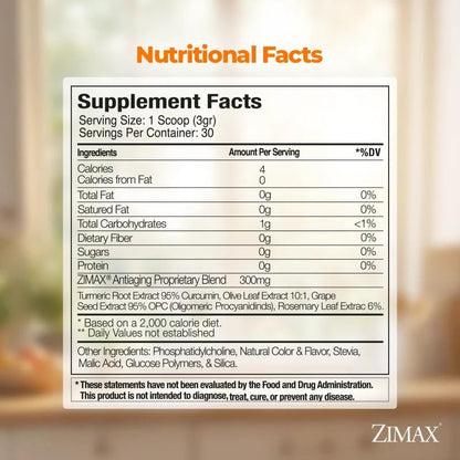 ZIMAX Super ANTIOXIDANT - 100% Natural - High Absorption Curcumin, Rosemary Extract, Grape Seed Extract, Olive Leaf Extract ORAC 3,451,770 (Canister) 90 Grams (1-Pack)