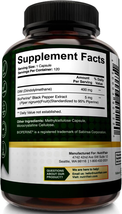 NutriFlair DIM 400mg with BioPerine, 120 Capsules - High Potency Diindolylmethane Supplement - for Men & Women - Vegan, Non-GMO - 4 Month Supply