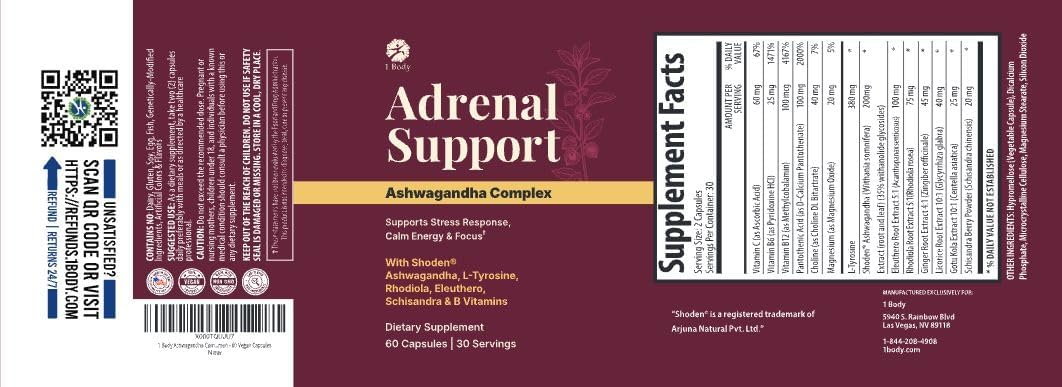 1 Body Adrenal Support Supplement, Shoden Ashwagandha + Cortisol, 60 Caps