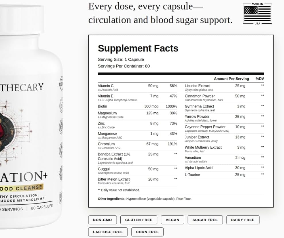 Circulation+ Advanced Formula - Botanical Herbal Complex with Cayenne Ginger - Traditional Wellness Blend with Vitamins Minerals - Daily Herbal Supplement - Vegan Non-GMO Gluten-Free - 60 Capsules