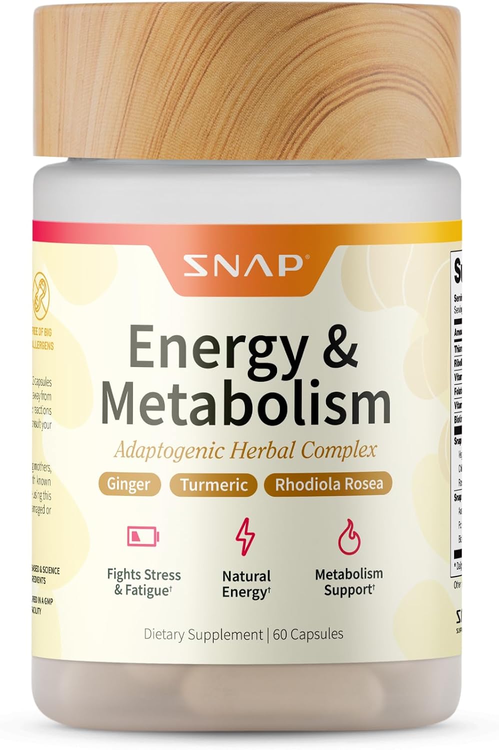 Snap Supplements Energy & Metabolism Adaptogenic Herbal Complex, 60 Count | Ginger, Turmeric, Rhodiola Rosea, Vitamin B12, Support Metabolism, Natural Energy, 30-Day Supply, Vegan, Gluten-Free, Non-GMO