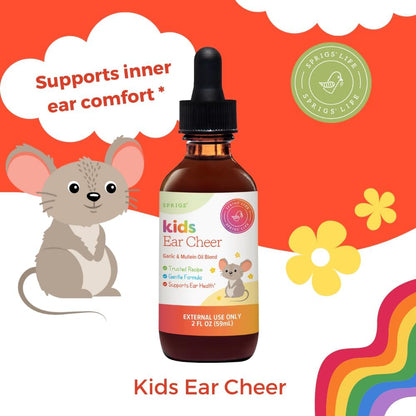 SPRIGS Kids Ear Cheer Tincture to Support Healthy Ears, 2 Fl Oz | Gentle Soothing Formula with Garlic Oil & Organic Mullein to Support Comfort | Easy to Use & Convenient Dropper for Children