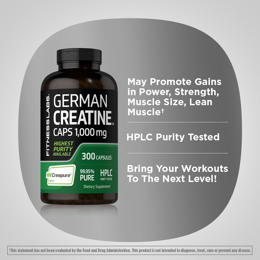 Fitness Labs German Creatine Monohydrate Capsules | 1000mg | 300 Pills | Supplement for Men and Women | Non-GMO, Gluten Free