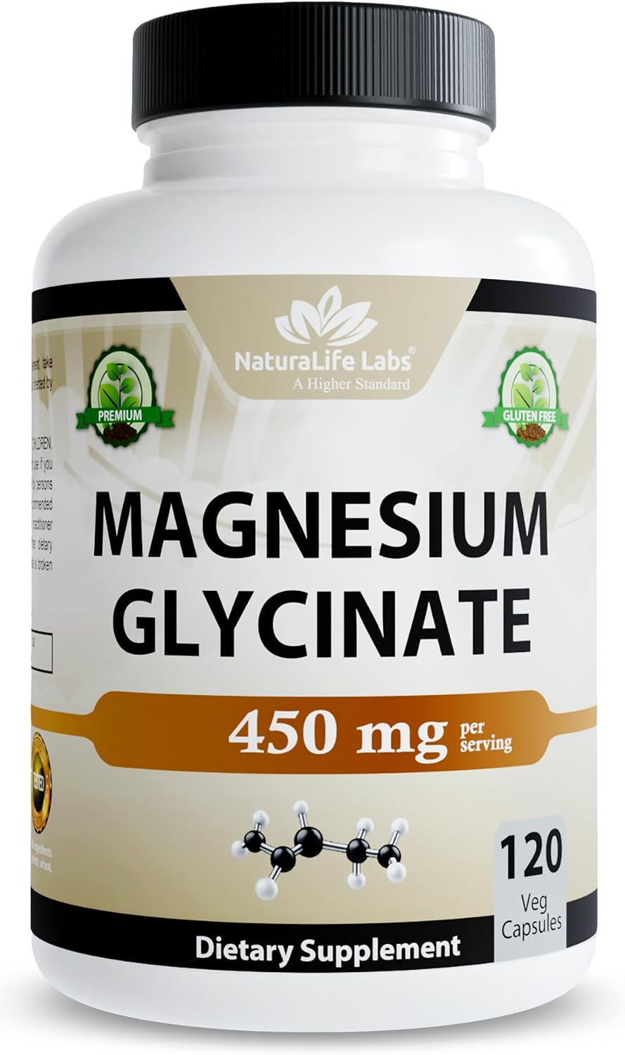 NaturaLife Labs Magnesium Glycinate - 450 mg per Serving – 120 Vegan Capsules - Non-GMO, Gluten-Free, Vegan