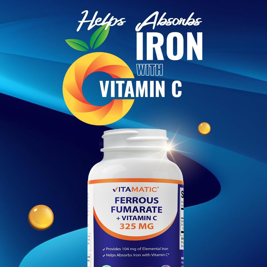 Vitamatic Ferrous Fumarate 325 mg + Vitamin C 100 mg (104 mg Elemental Iron) – High Potency Iron Supplement – Gentle on Stomach, 120 Coated Tablets, Made in USA