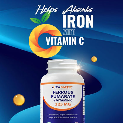 Vitamatic Ferrous Fumarate 325 mg + Vitamin C 100 mg (104 mg Elemental Iron) – High Potency Iron Supplement – Gentle on Stomach, 120 Coated Tablets, Made in USA