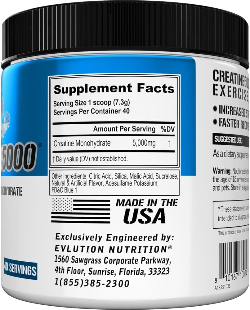 Evlution Nutrition Creatine 5000 - Supports Faster Recovery Lean Muscle Growth & Performance - Pre & Post Workout Powder - 5000mg Pure Creatine Monohydrate Per Serving - 60 Servings - Unflavored