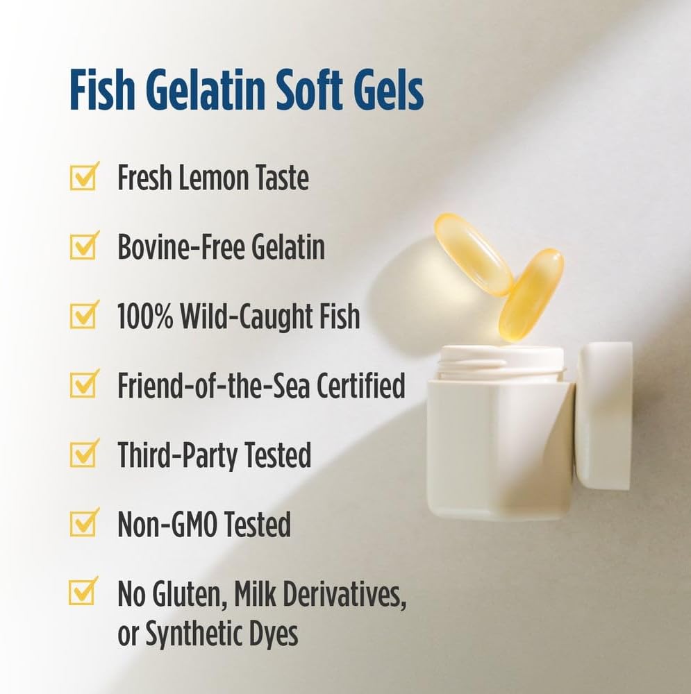 Nordic Naturals Ultimate Omega Fish Gelatin Lemon 1280mg EPA&DHA - 60 Count | Fish gelatin soft gels - pescatarian-friendly. EPA+DHA for brain & heart health. Non-GMO, Lemon flavor, 30 servings