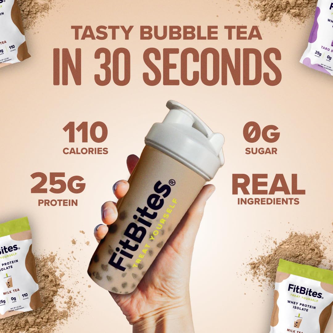 FitBites Boba Tea Protein 100% Whey Protein Powder Isolate (Milk Tea), Natural Energy