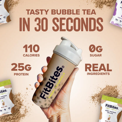 FitBites Boba Tea Protein 100% Whey Protein Powder Isolate (Milk Tea), Natural Energy