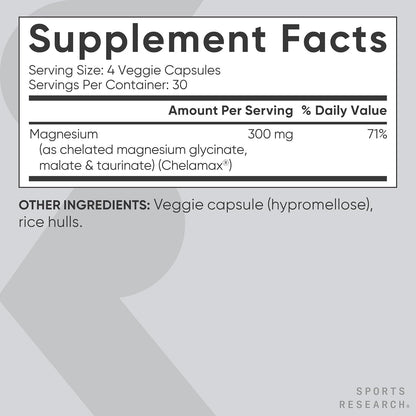 Sports Research® Chelated Triple Magnesium Complex with Glycinate, Taurinate & Malate (Chelamax®) for Enhanced Bioavailability* - 300 mg per Serving, Non-GMO, Certified Vegan, 120 Veggie Capsules