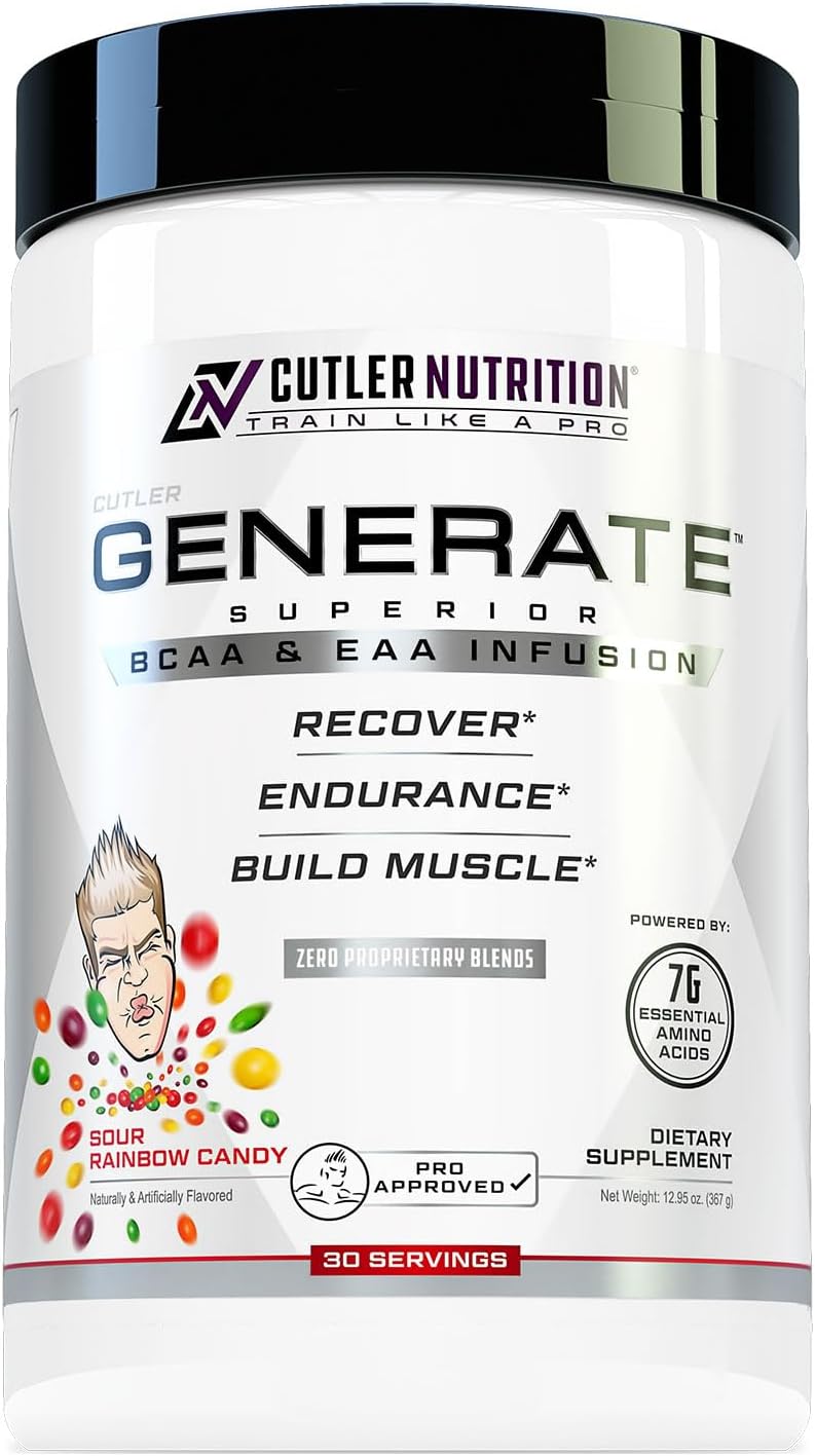 Cutler Nutrition Generate Sour Rainbow Candy BCAA EAA Powder, 30 Servings | 12.95 oz | 5g BCAAs and 2g EAAs per serving for post-workout recovery, hydration, lean muscle support and protein synthesis