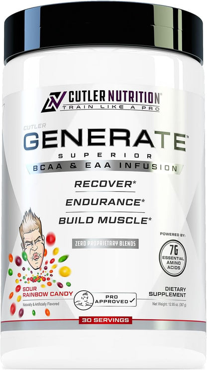 Cutler Nutrition Generate Sour Rainbow Candy BCAA EAA Powder, 30 Servings | 12.95 oz | 5g BCAAs and 2g EAAs per serving for post-workout recovery, hydration, lean muscle support and protein synthesis