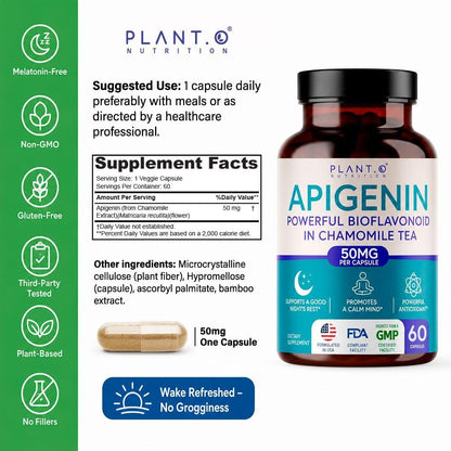 PLANT.O NUTRITION Apigenin 50mg Supplement for Sleep Support & Relaxation - Melatonin Free Bioflavonoid Capsules Found in Chamomile Tea, Third Party Tested, Gluten Free, 60 Capsules