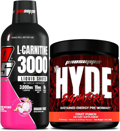 PROSUPPS L-Carnitine 3000 Stimulant Free Liquid Shots (Dragon Fruit) and Mr. Hyde Signature Series Pre-Workout Energy Powdered Drink (Fruit Punch) Bundle