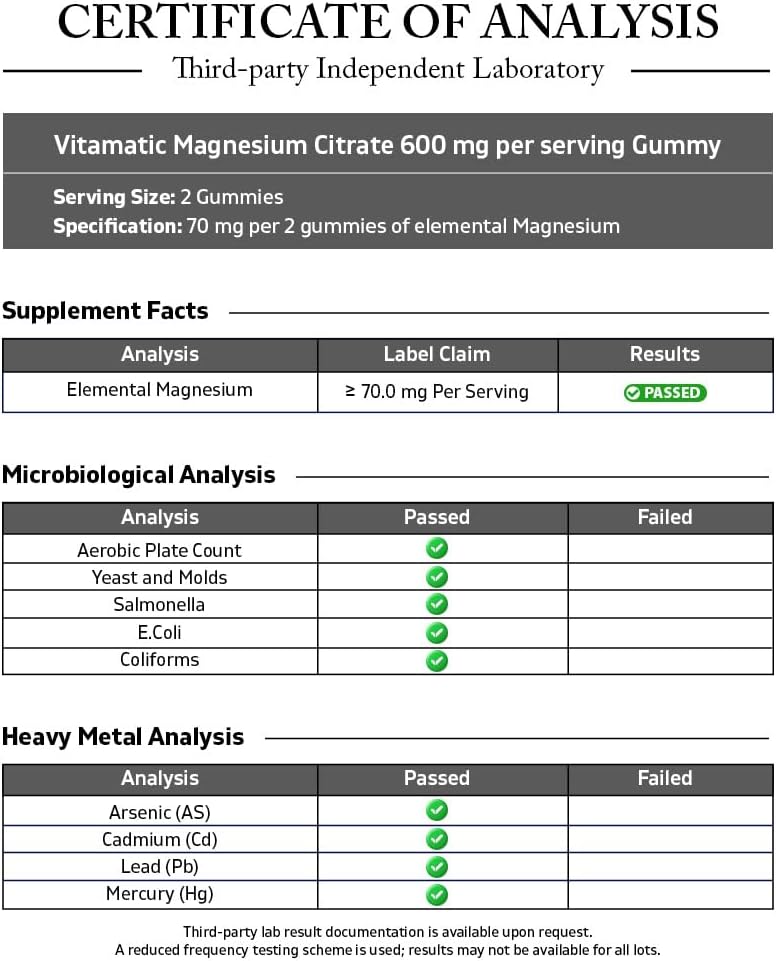 Vitamatic Magnesium Citrate Gummies, 600 mg, 60 Vegan Gummies | 600 mg Magneisum Citrate Per Serving with 70 mg of Elemental Mg, Natural Raspberry Flavor, Non-GMO, Gluten Free, Pectin Based