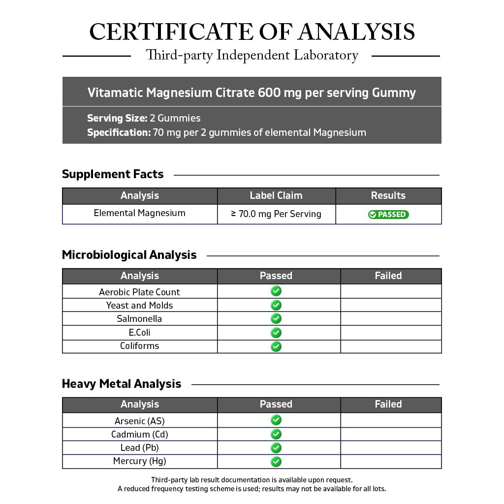 Vitamatic Magnesium Citrate Gummies, 600 mg, 60 Vegan Gummies | 600 mg Magneisum Citrate Per Serving with 70 mg of Elemental Mg, Natural Raspberry Flavor, Non-GMO, Gluten Free, Pectin Based