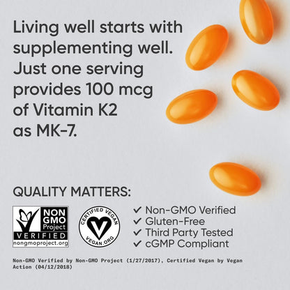Sports Research® Vitamin K2 as MK-7 100mcg with Coconut MCT Oil - 60 Veggie Softgels (2 Month Supply) Vegan Certified, Non-GMO Verified, Gluten & Soy Free