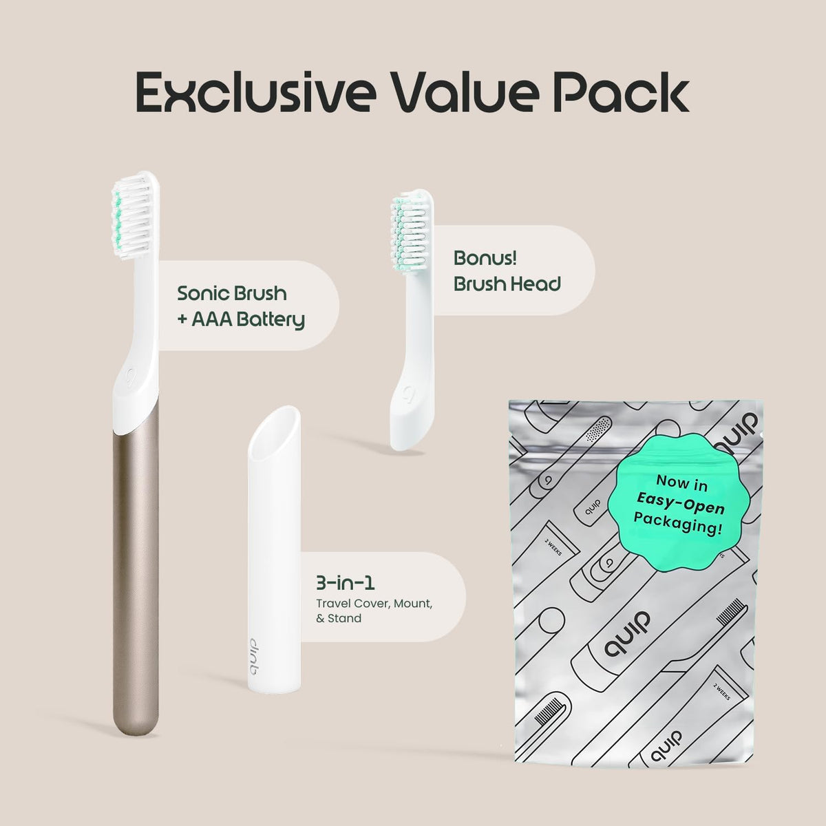 Quip Sonic Electric Toothbrush, Extra Brush Head, Metal Handle, Slate