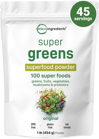 Micro Ingredients Super Greens Powder, 100 Superfoods, Green Drink Mix, 1lb | Superfood Blend with Daily Greens, Probiotics, Fruits, Vegetables & Mushrooms | 45 Servings | Non-GMO, Gluten-Free