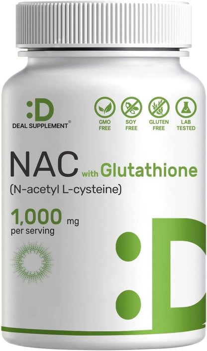 DEAL SUPPLEMENT NAC Supplement (N-Acetyl Cysteine) 1,000mg Per Serving with Reduced Glutathione, 240 Capsules – Antioxidant Support for Immune Health, Lung, & Liver Function