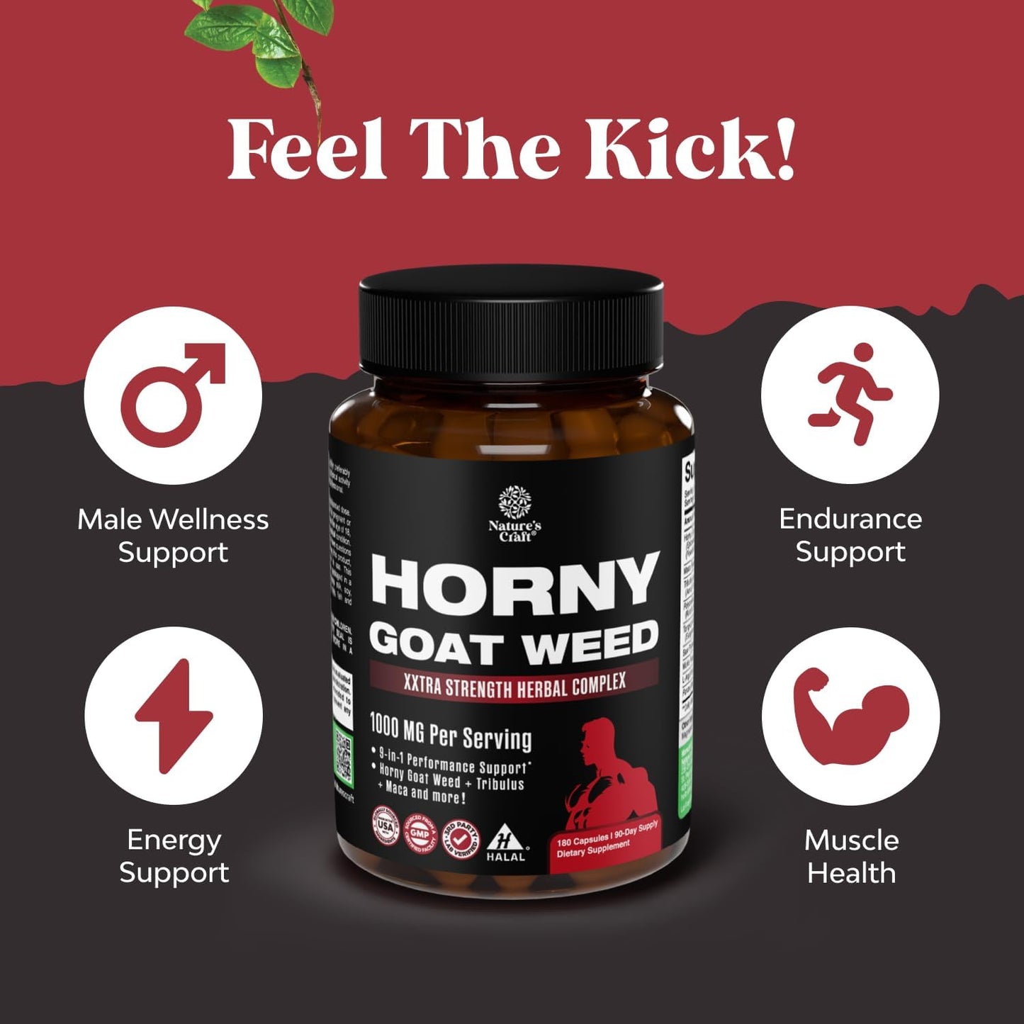 Horny Goat Weed for Men - Extra Strength Male Supplement with Black Maca Root, Tongkat Ali, Saw Palmetto & Panax Ginseng Extract for Stamina & Energy - 60 Count