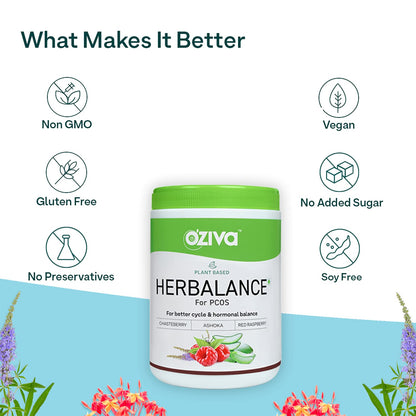 OZiva Plant Based HerBalance for PCOS (with Chasteberry, Shatavari, Red Raspberry, Ashoka) for better cycle