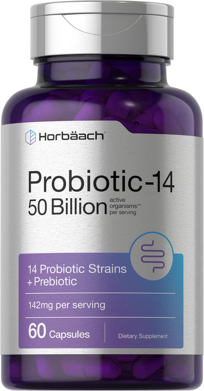 Horbäach Probiotics with Prebiotics | 60 Capsules | 50 Billion Active Organisms | Non-GMO