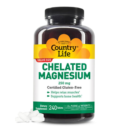 Country Life, Chelated Magnesium 250mg, Supports Bone and Immune Health, Daily Supplement, 240 ct