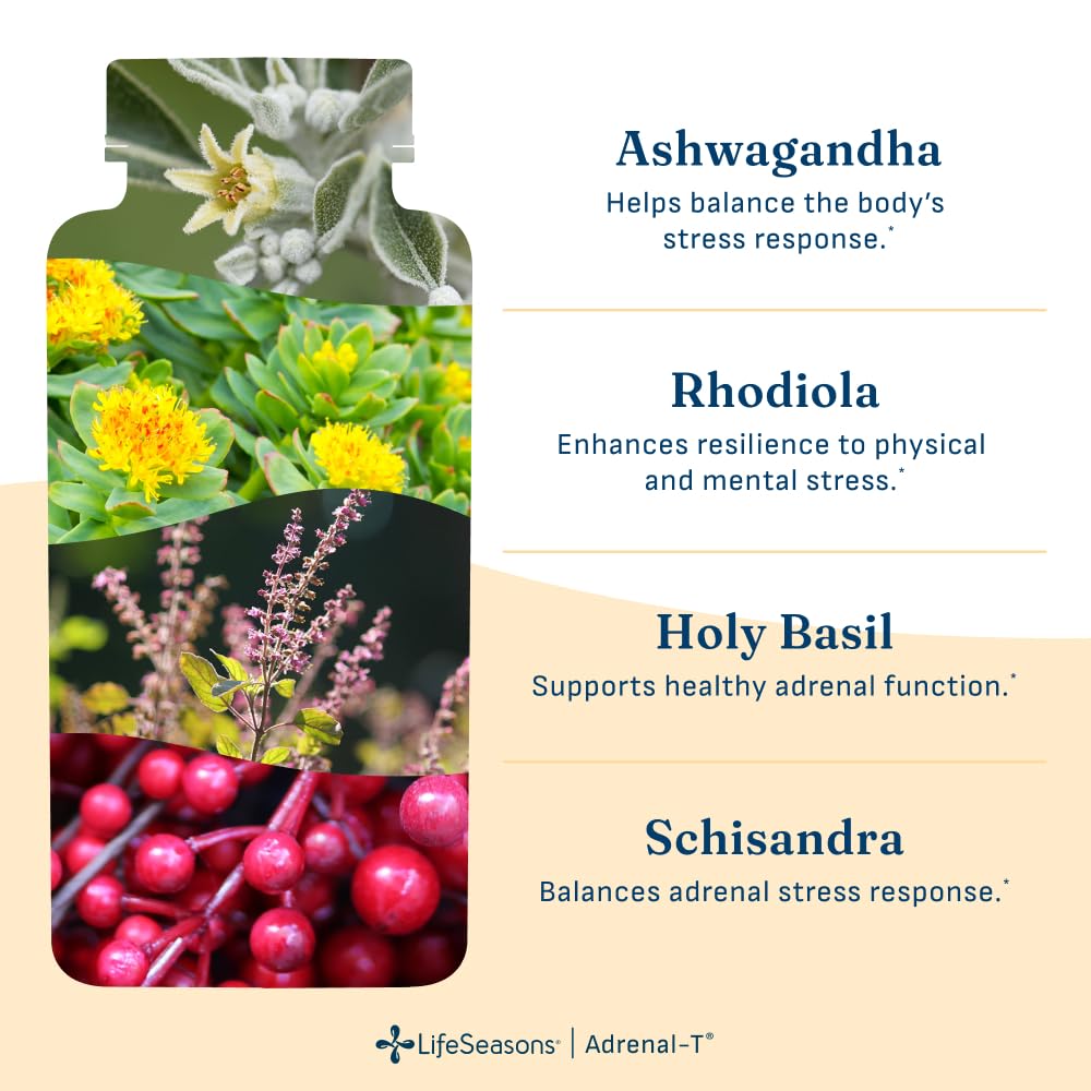 LifeSeasons Adrenal-T - Adrenal Fatigue Support Supplement - Helps Lower Cortisol - Avoid Burnout - Aids Stress Management - Energizing - with Ashwagandha Adaptogens - 60 Capsules