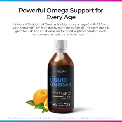 Livingood Daily Liquid Omega 3 Fish Oil, EPA & DHA Supplement with Monk Fruit & Orange Flavor, Supports Heart, Joint & Brain Health, Fish Oil for Men & Women, Non GMO, Gluten Free, 200 ML, 40 Servings