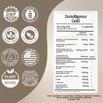 Zen Principle Zentelligence™ Gold Brain Supplement – Memory, Focus & Mental Clarity. Premium Cognitive Support for Adults 40+ with Magnesium, Vitamin D3, CoQ10, Vitamin B12 & L-Theanine. 60 Capsules