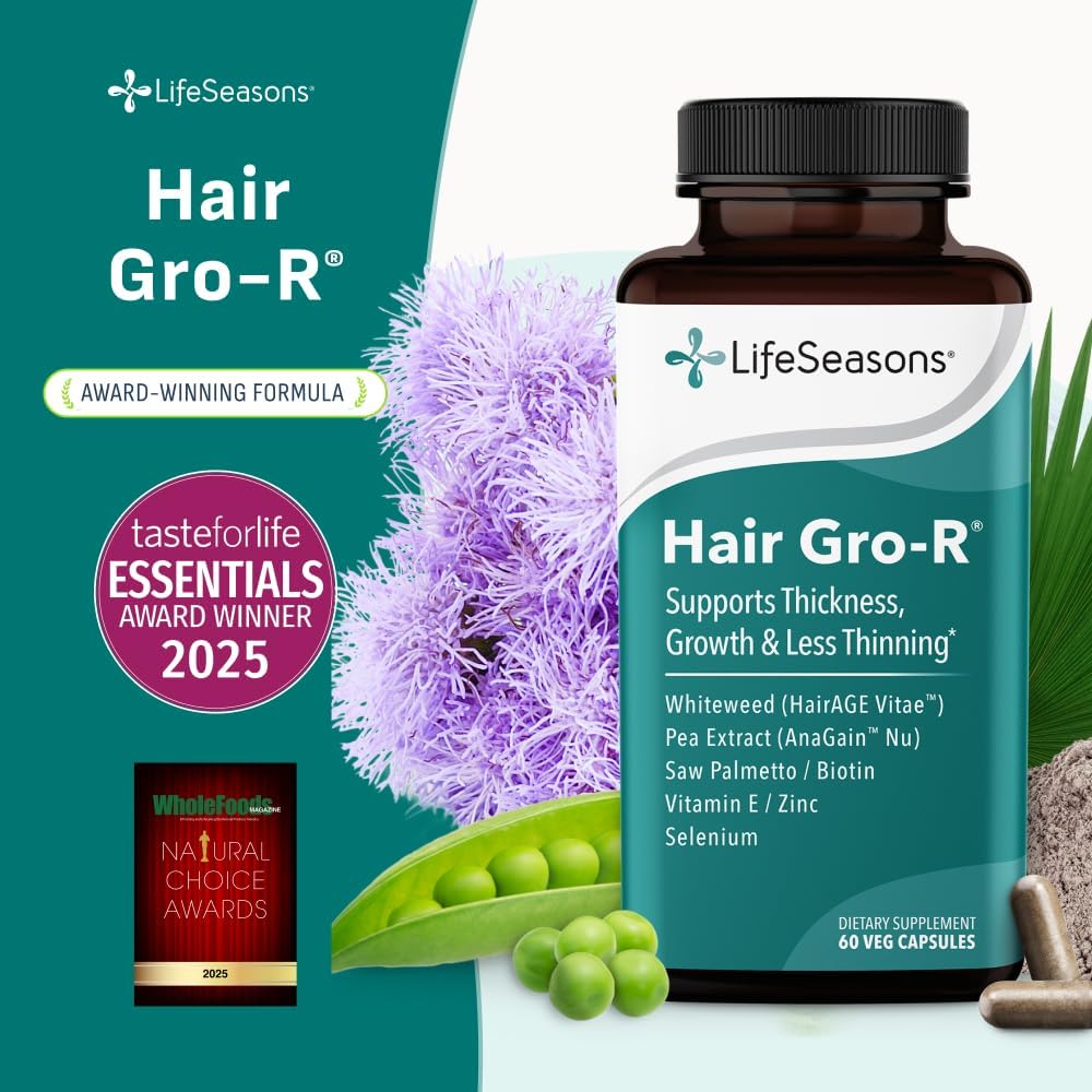 LifeSeasons Hair Gro-R - Clinically Studied Ingredients - Support Thickness Growth & Less Thinning - Reduce Hair Loss & Encourage Regrowth - Biotin Zinc Selenium & AnaGain Nu Pea Extract - 60 Capsules