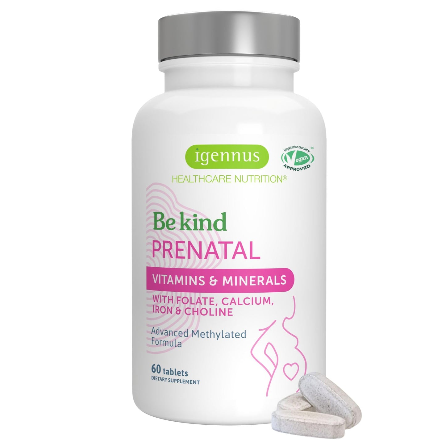 Igennus Methylated Prenatal Multivitamin for Women, Folate for MTHFR, High Absorption, Pure & Clean, Gentle Iron, Choline, Calcium & Magnesium, Vegan Pregnancy Vitamins, Halal, Non-GMO, 60 Tablets