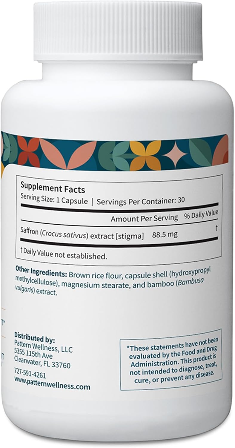 Pattern Wellness Saffron Extract – Mood & Wellness Support – 88.5mg Saffron Supplement – Non-GMO & Gluten-Free – 30 Vegetable Capsule