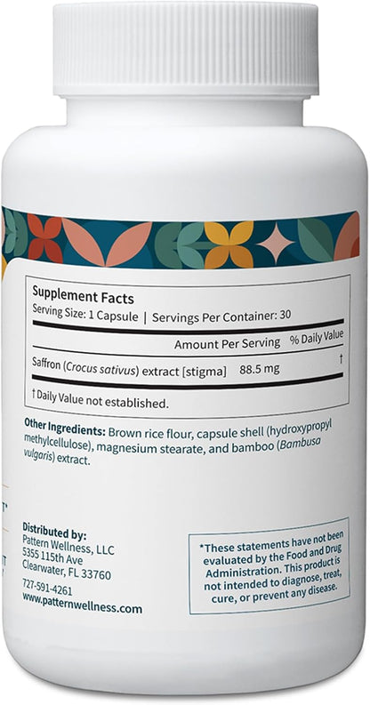 Pattern Wellness Saffron Extract – Mood & Wellness Support – 88.5mg Saffron Supplement – Non-GMO & Gluten-Free – 30 Vegetable Capsule