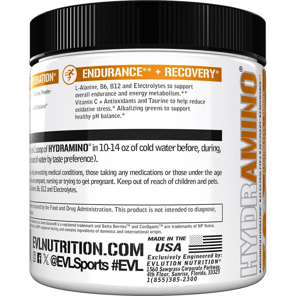 Evlution Nutrition HYDRAMINO Complete Hydration Multiplier, 6 Electrolytes, Vitamin C & B, Fluid Boosting Aminos, Coconut Water, Endurance, Recovery, Antioxidants, 30 Serve, Orange Mango (Dye Free)