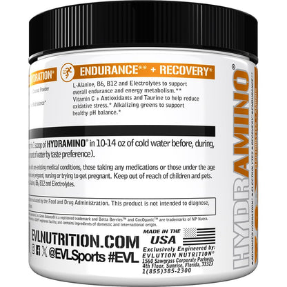 Evlution Nutrition HYDRAMINO Complete Hydration Multiplier, 6 Electrolytes, Vitamin C & B, Fluid Boosting Aminos, Coconut Water, Endurance, Recovery, Antioxidants, 30 Serve, Orange Mango (Dye Free)