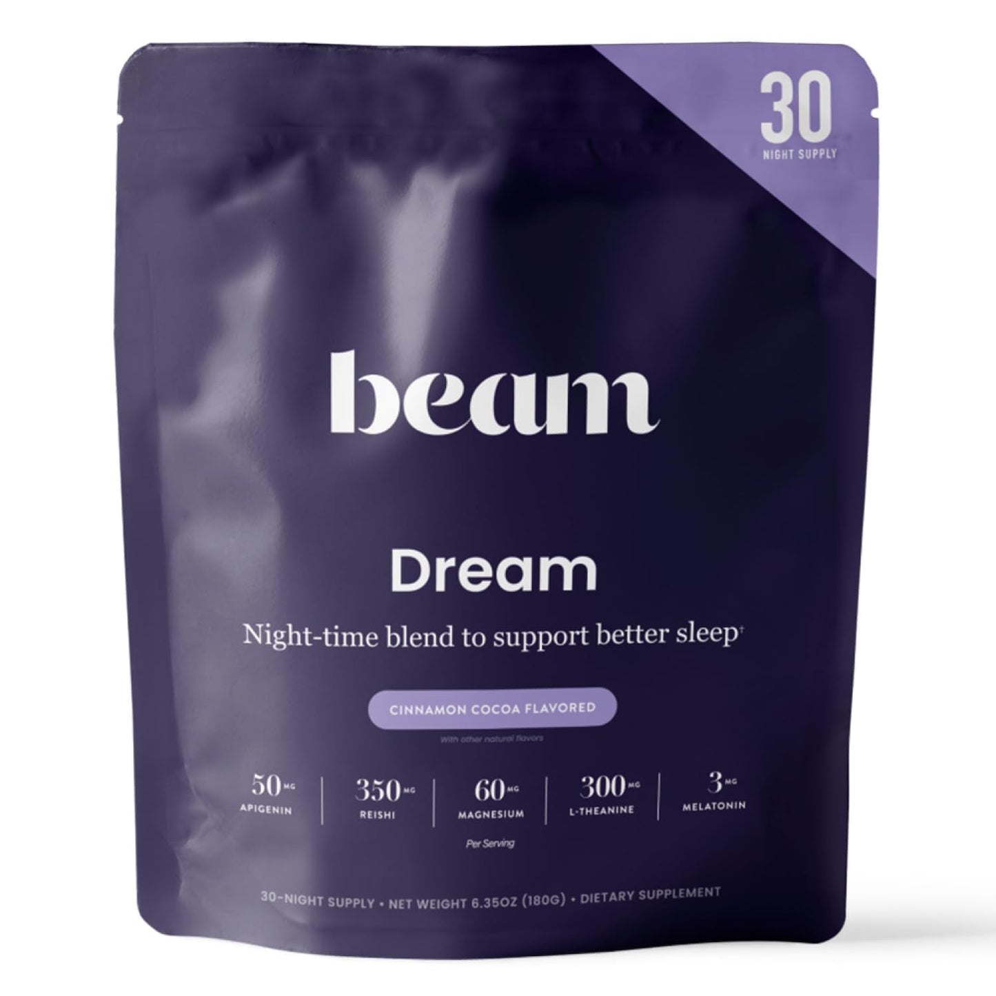 BEAM Dream Sleep Powder – Magnesium Sleep Aid for Adults with Melatonin, L-Theanine, Reishi Mushroom & Apigenin, Sleep Supplement, Sleep Cocoa Hot Chocolate Drink Mix, Brownie Batter, 30 Servings
