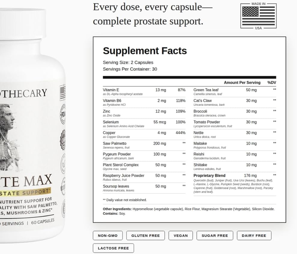 Prostate Max Support Supplement - Saw Palmetto 200mg, Pygeum 100mg, Zinc, Selenium - Urinary Health & Flow - Vegan, Non-GMO, Gluten Free - 60 Capsules