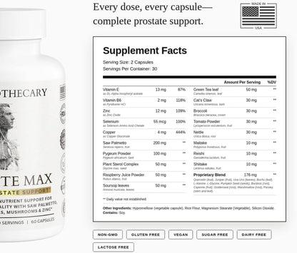 Prostate Max Support Supplement - Saw Palmetto 200mg, Pygeum 100mg, Zinc, Selenium - Urinary Health & Flow - Vegan, Non-GMO, Gluten Free - 60 Capsules