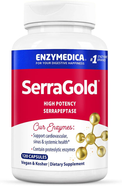 Enzymedica SerraGold - High Potency Serrapeptase Enzyme Supplement for Men & Women, Serrapeptase 100,000 SPU for Adults, Supports Sinus & Respiratory Health, Heart & Immune Function - 120 Capsules