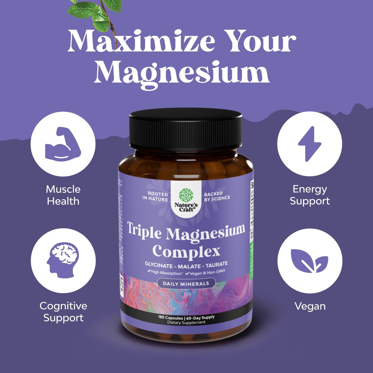 Triple Magnesium Complex Supplement - High Absorption Magnesium Glycinate, Malate & Taurate Blend for Muscles Energy Support & Heart Health - Triple Mg Complex 400 mg Capsules - 180 Count