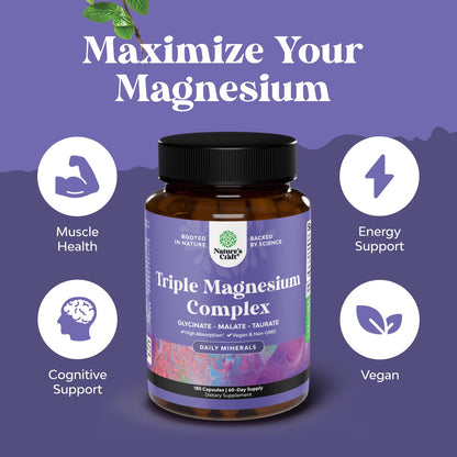 Triple Magnesium Complex Supplement - High Absorption Magnesium Glycinate, Malate & Taurate Blend for Muscles Energy Support & Heart Health - Triple Mg Complex 400 mg Capsules - 180 Count